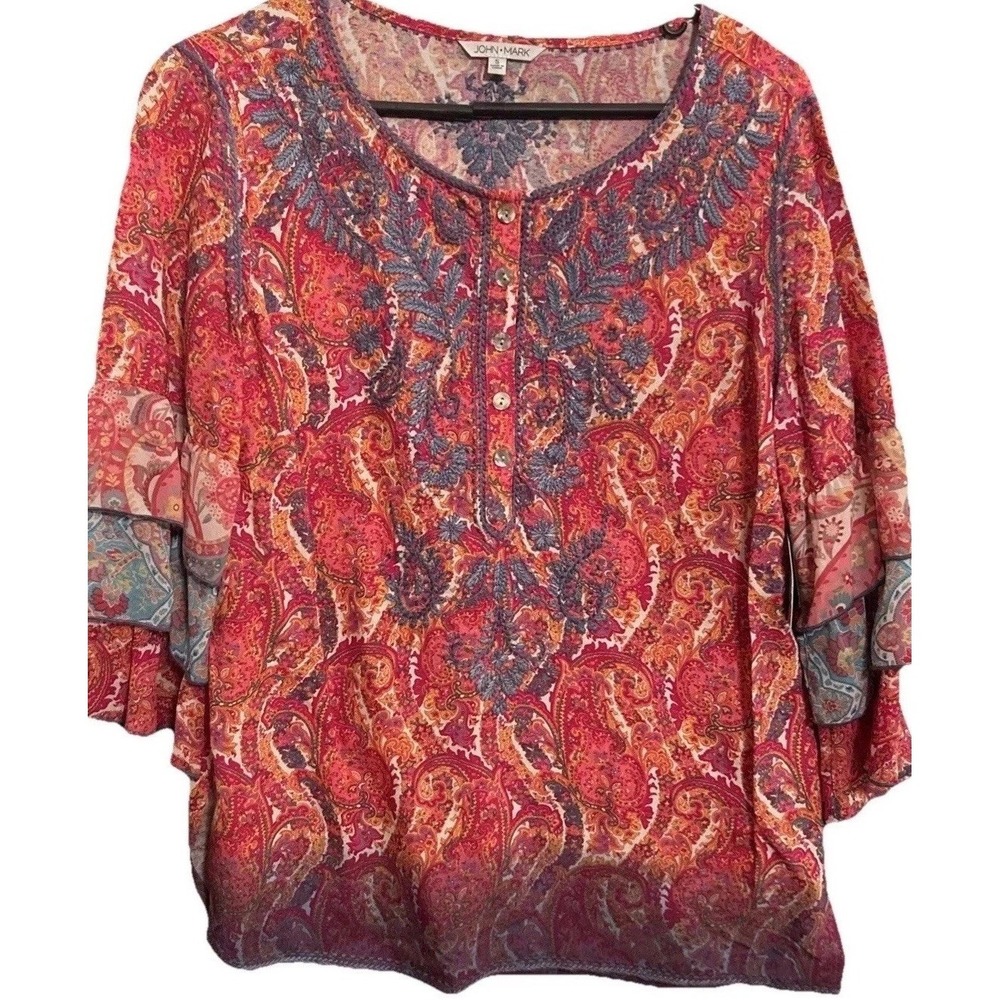 New John Mark Top Small Tunic Embroidery Paisley Ombré Ruffle 3/4 Sleeve